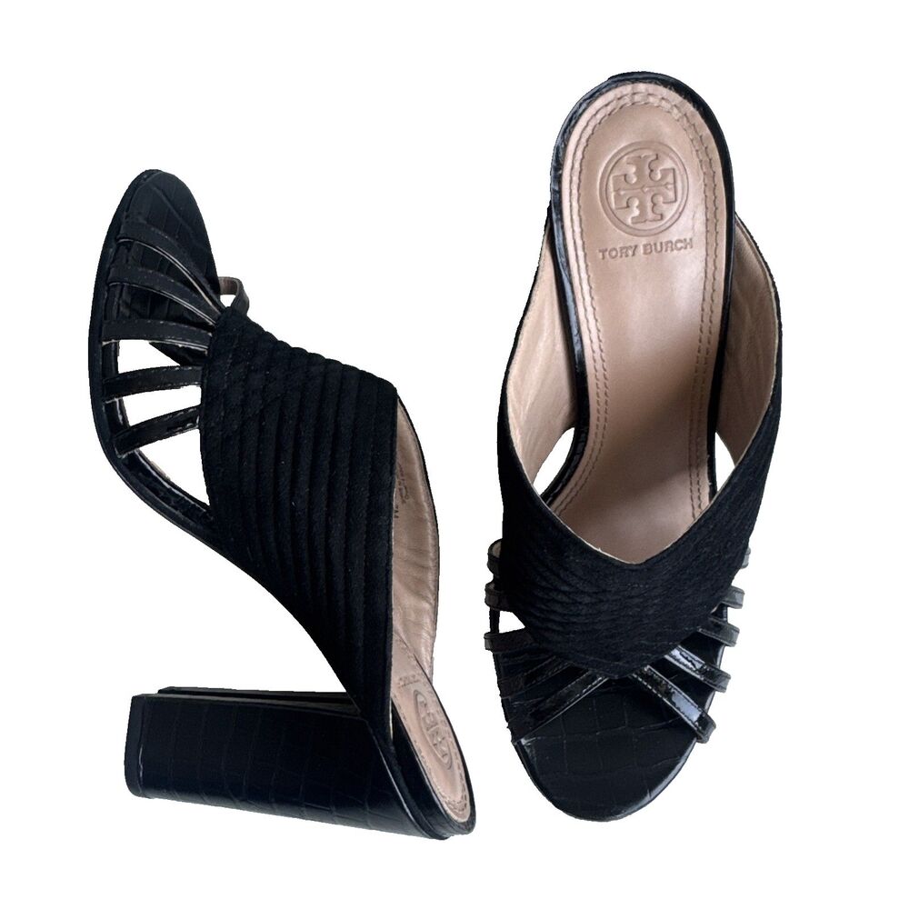 Tory Burch Brida Leather Mule Heels Black Size 7 M Quilted Patent Strappy